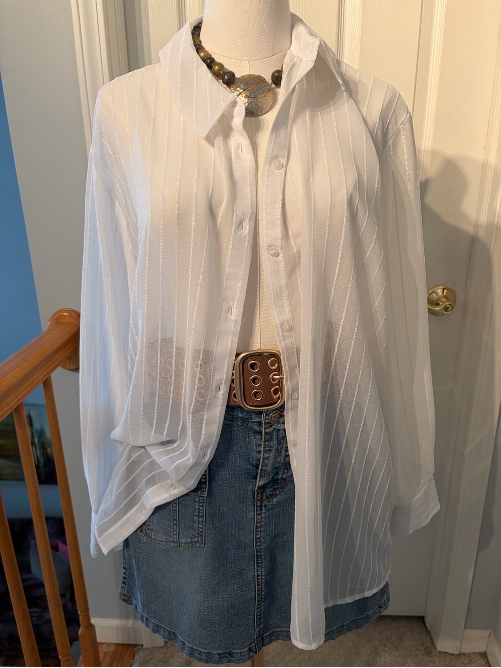 Primark White Sheer Striped Button-Down Shirt